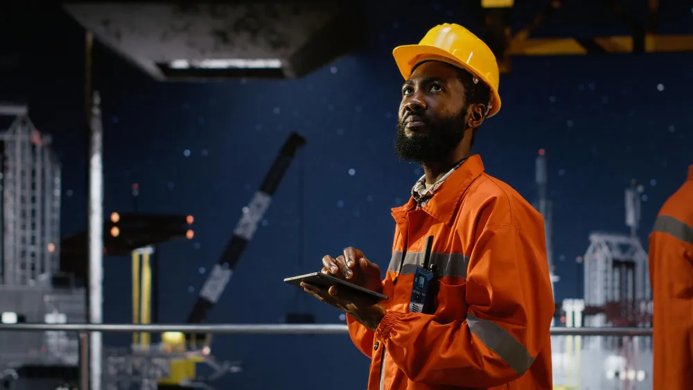 An engineer in a hard hat and high-visibility coveralls checks a tablet on an industrial site.