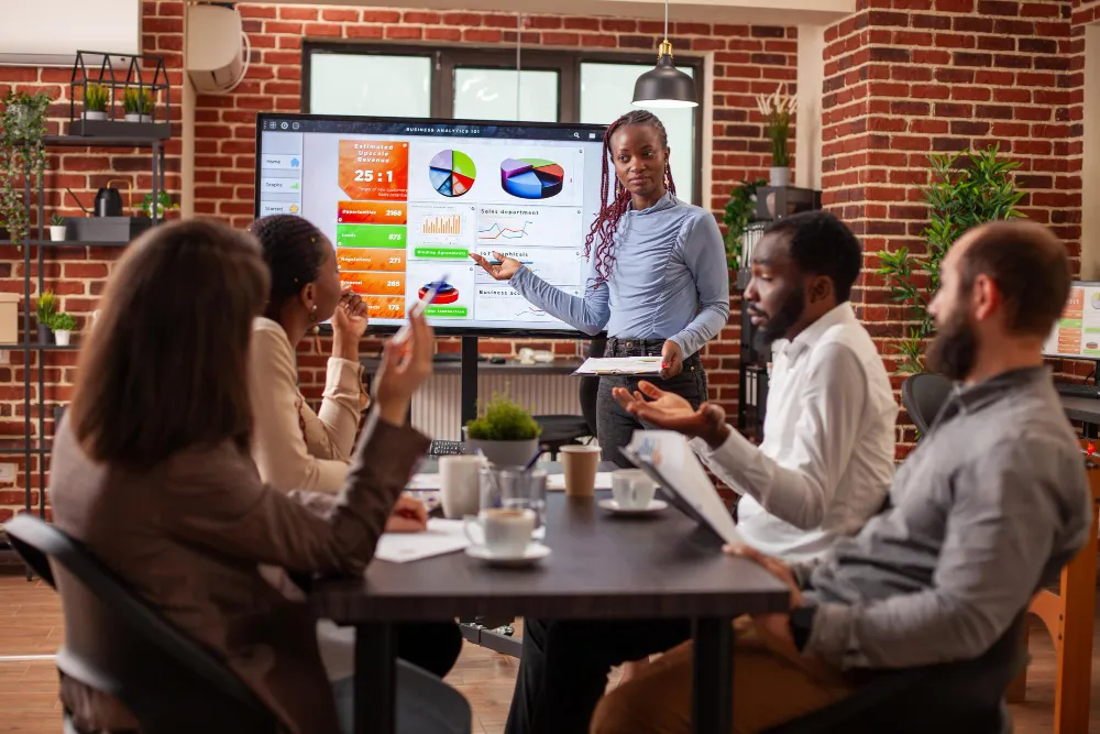 A team in a meeting room reviews a reporting dashboard presented on a large screen.